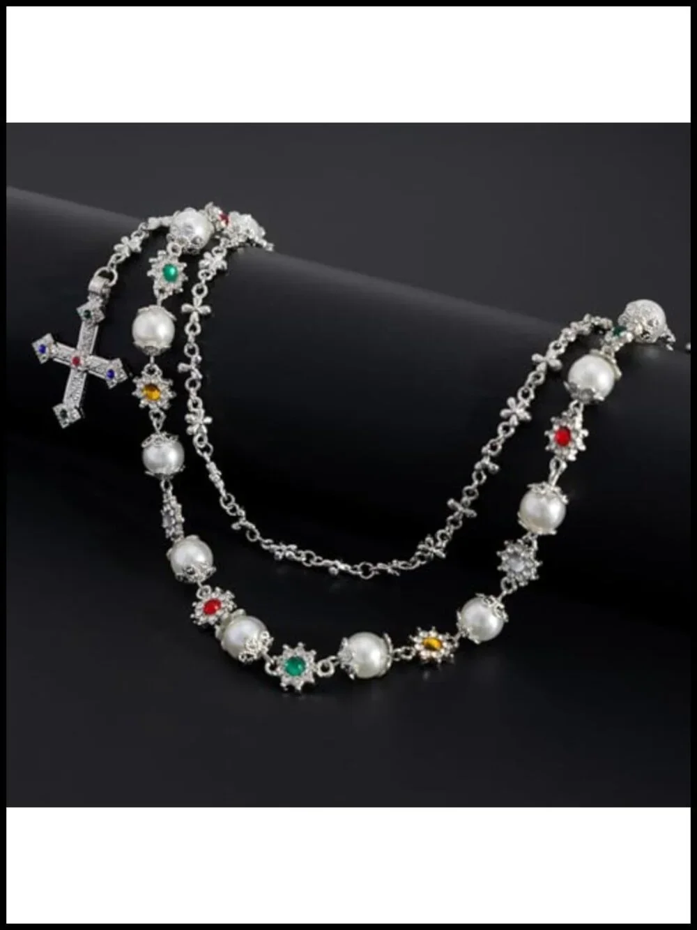 Layered Wallet Chain with Rhinestone Flower Pearl Accents